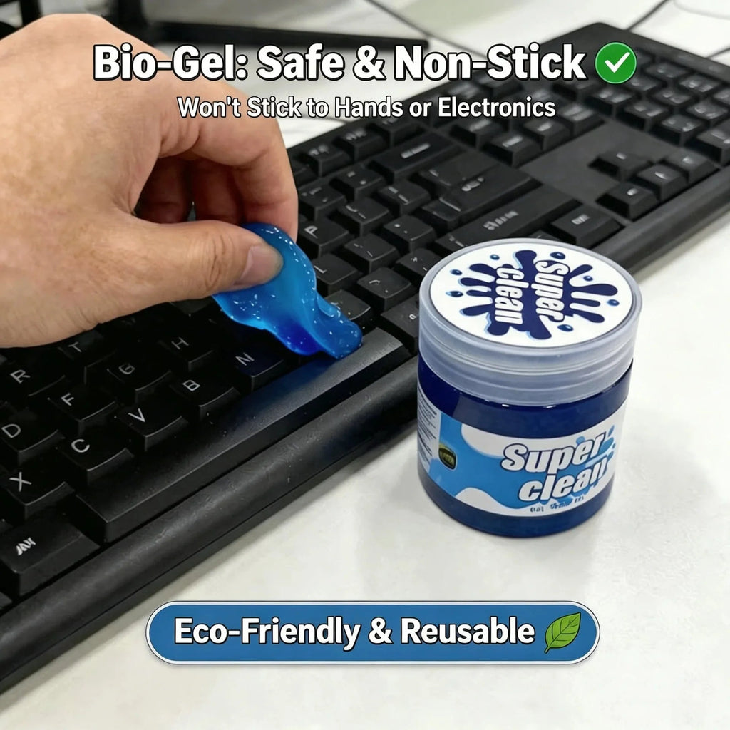 Blue reusable cleaning gel by Nehwei enterprise shown pressed into a keyboard and car vents for dust and debris removal.
