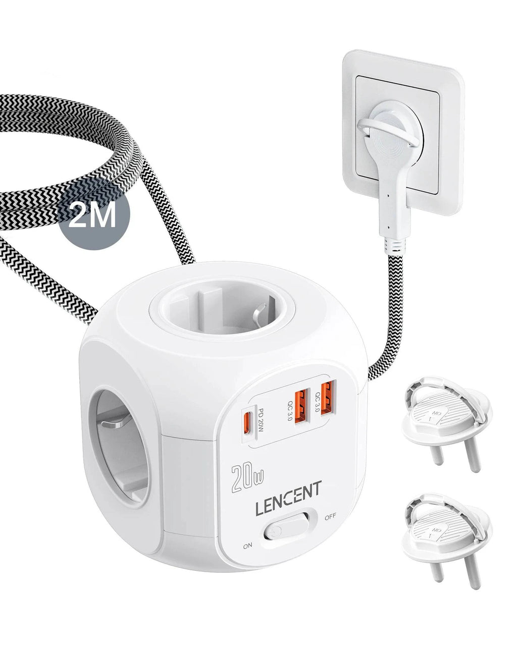 Nehwei enterprise flat EU power strip cube with 4 AC outlets, 2 QC3.0 USB ports, Type C PD20W fast charging, braided cable.