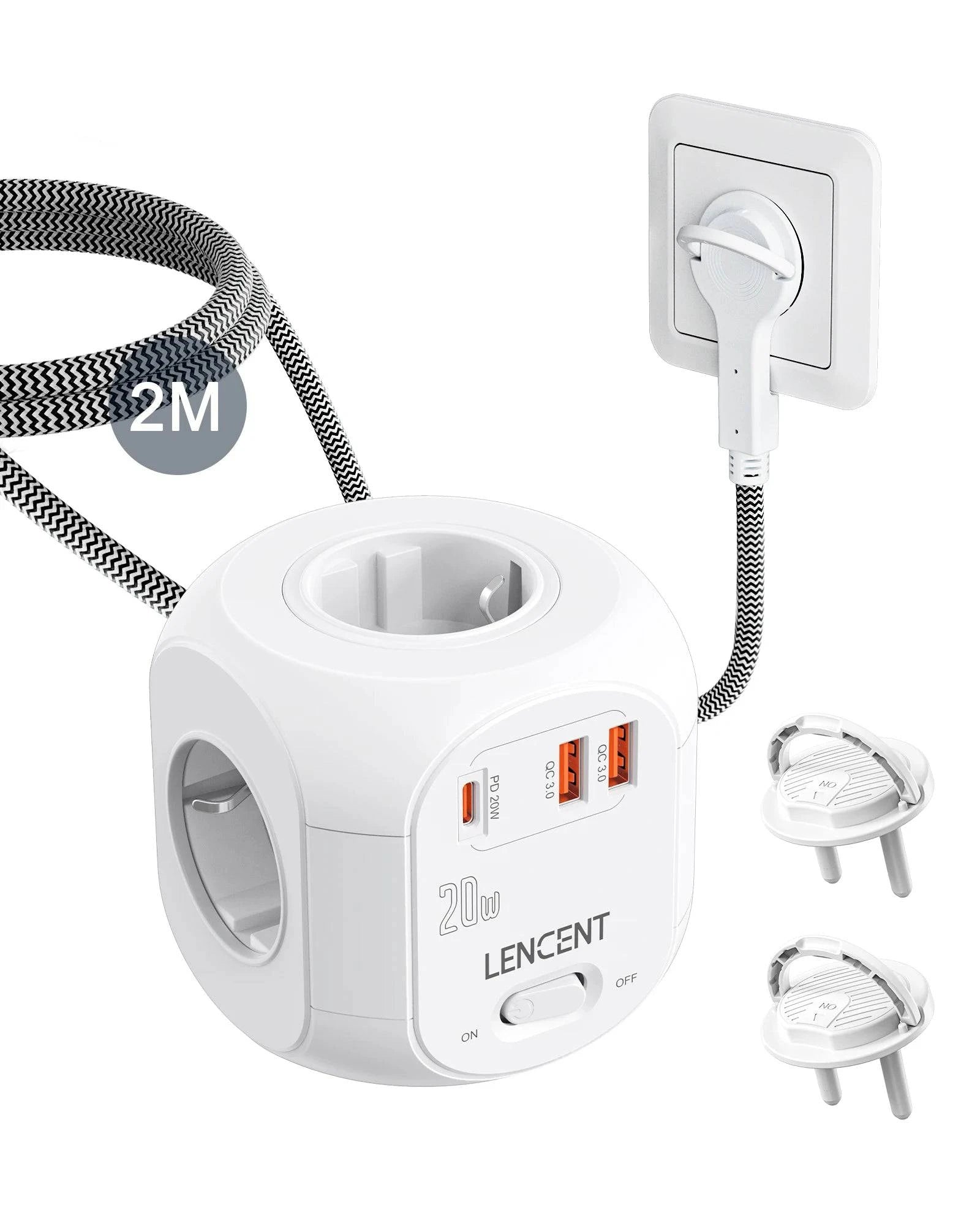 Nehwei enterprise flat EU power strip cube with 4 AC outlets, 2 QC3.0 USB ports, Type C PD20W fast charging, braided cable.