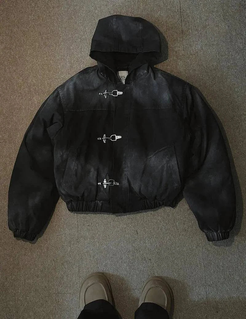 Nehwei Enterprise oversized Y2K retro hoodie jacket with snap fasteners, loose fit, high street style, men's punk button coat.
