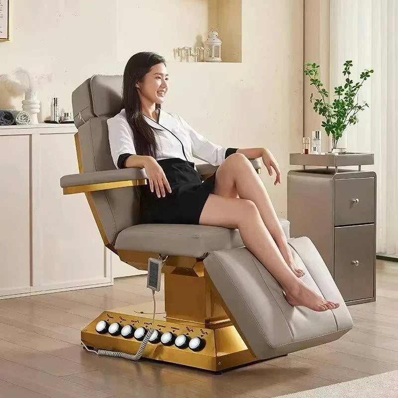 Electric massage table with 3/4 motors, adjustable lash bed for facial and cosmetic treatments with foot control by Nehwei enterprise.