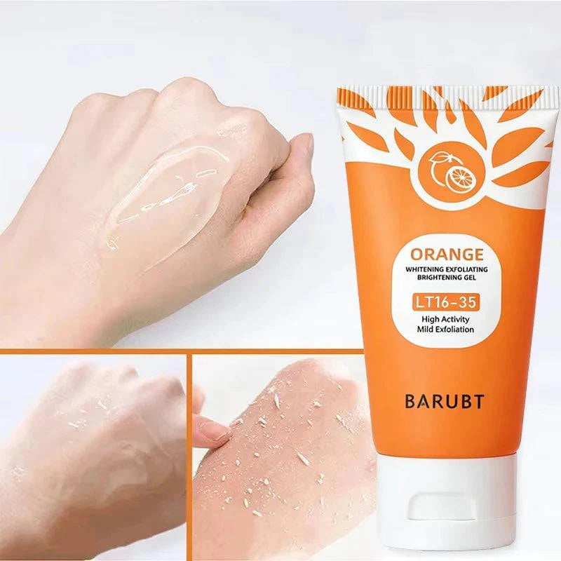 Nehwei orange exfoliating gel for face and body, natural peel, moisturizing facial scrub with orange for skin cleaning and renewal.