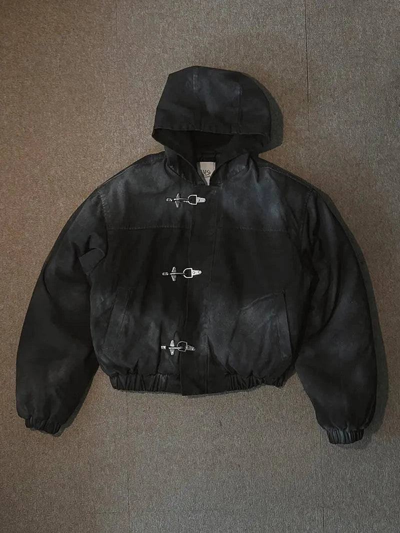 Oversized high street hoodie with snap fasteners, retro Y2K punk style, Nehwei enterprise men's fashion coat, Harajuku inspired.