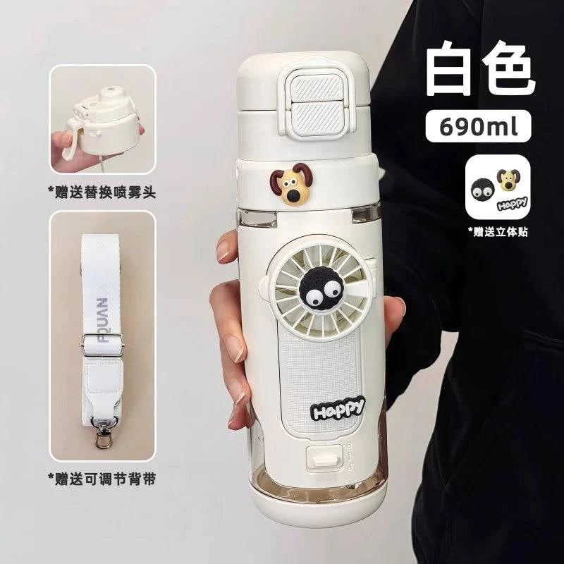Nehwei 2-in-1 portable water bottle with built-in fan and mist spray, leakproof design, for outdoor sports and kids.