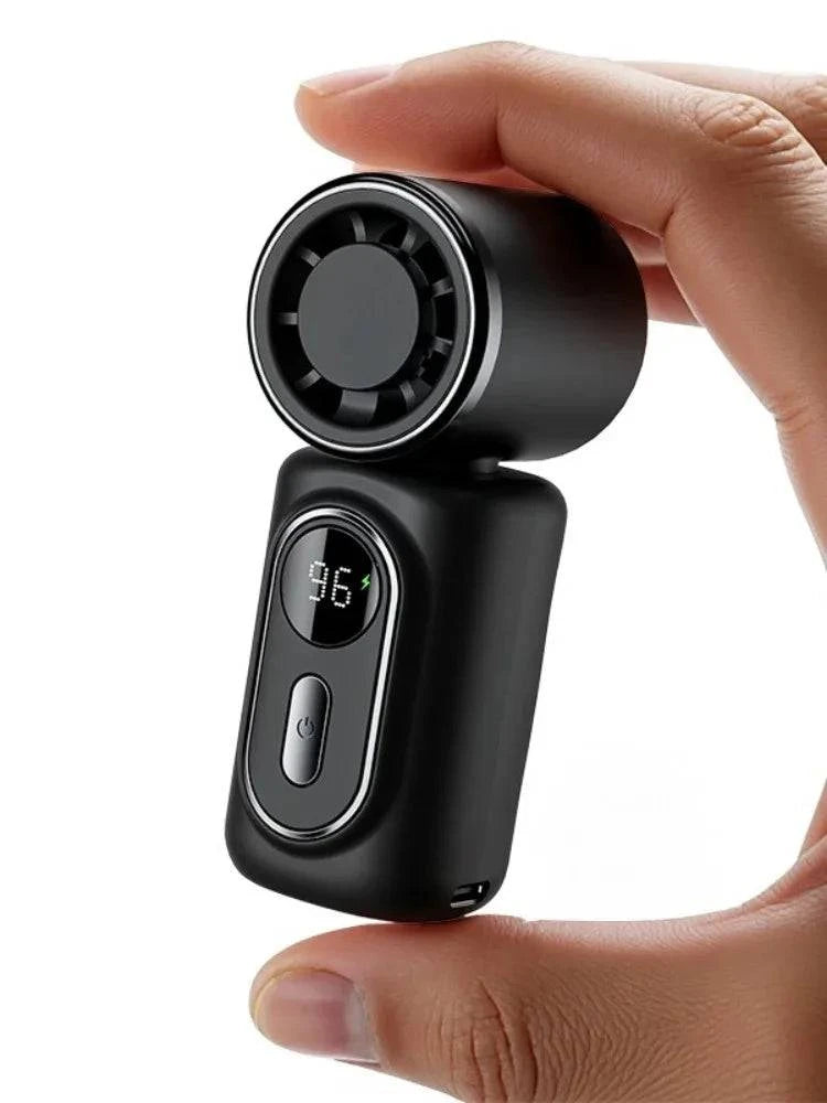 Nehwei enterprise handheld mini fan with 3000mAh battery, 5 speeds, adjustable 180° tilt, LED display, and clip for portability.
