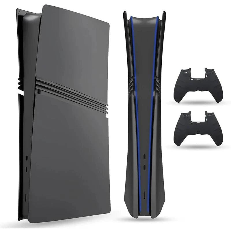 Nehwei enterprise PS5 Pro faceplate cover in matte skin finish with two red silicone controller covers for digital and disc editions.