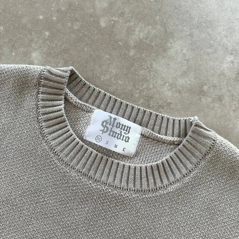 Nehwei enterprise men's oversized round neck knitted sweater with gothic embroidery, full sleeves, casual streetwear style.