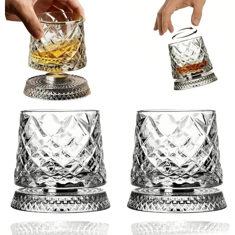 Nehwei enterprise 360-degree rotating crystal whisky glass with thick base, ideal for bourbon and scotch, unique gift for men