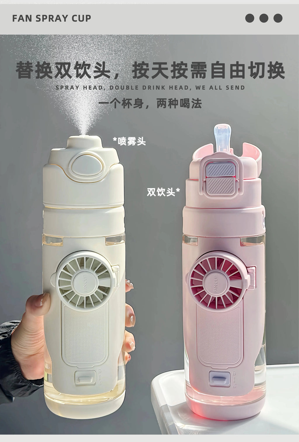 Nehwei enterprise 2-in-1 portable water bottle with built-in fan and mist spray, leakproof design for outdoor sports and kids.