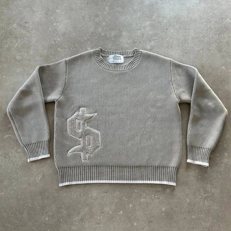 Nehwei enterprise men's round neck knitted oversized sweater with gothic embroidery, full sleeves, perfect for street and daily wear