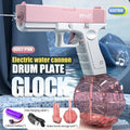 Rechargeable electric water gun by Nehwei enterprise showing a handheld spray gun with adjustable nozzle and 32-foot spray range.