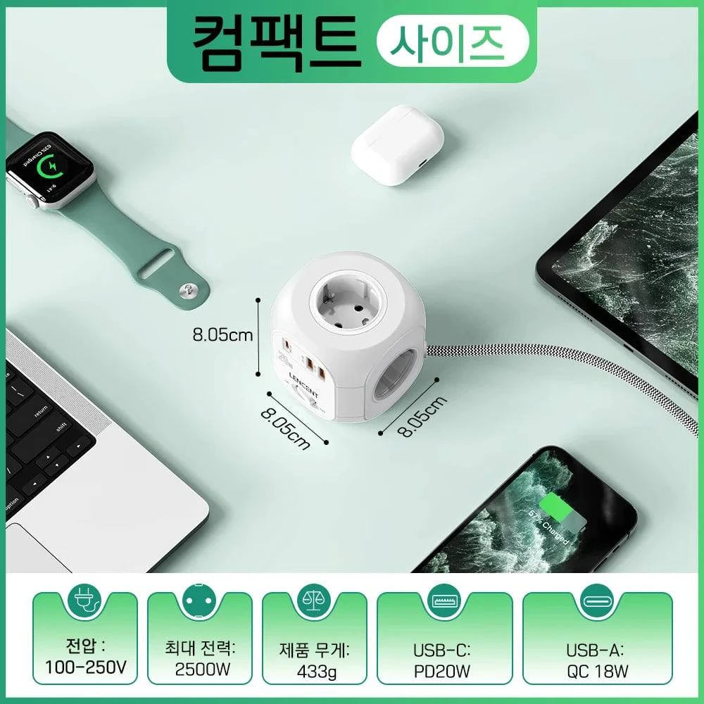 Nehwei enterprise LENCENT flat EU plug power strip cube with 4 AC outlets, 2 QC3.0 USB, Type C PD20W fast charging, braided cable
