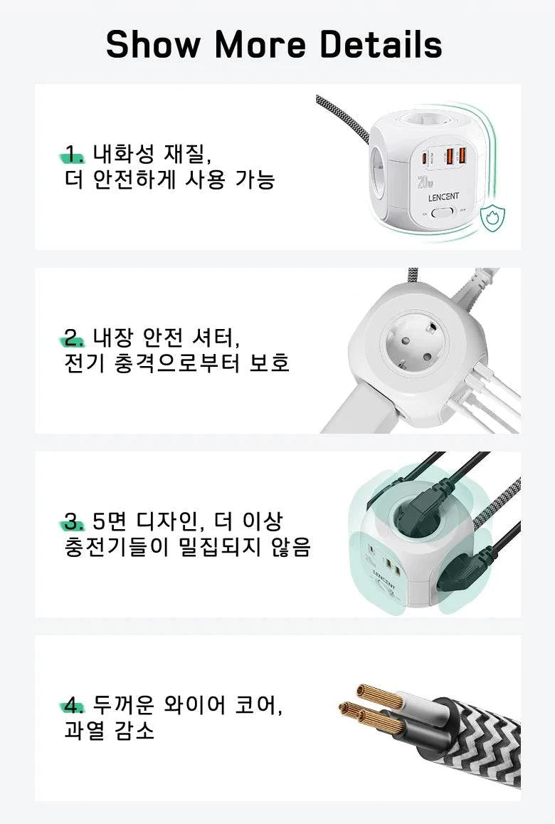 Nehwei enterprise LENCENT flat EU plug power strip cube with 4 AC outlets, USB, Type C PD, braided cable, home use
