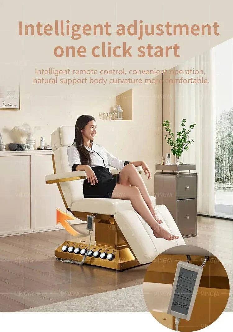 Electric massage table with adjustable height, lash bed design, foot control, and Nehwei enterprise branding for facial and eyelash treatments.