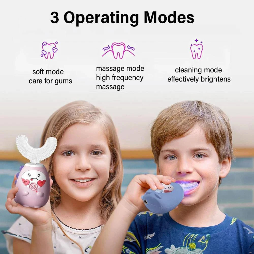 Nehwei children's U-shaped electric toothbrush with cartoon design, USB rechargeable, ideal for kids' oral hygiene.