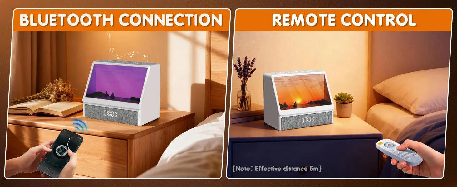 Nehwei enterprise sunrise alarm clock with ambient lights and Bluetooth, ideal for kids, adults, and heavy sleepers in a bedroom setting.