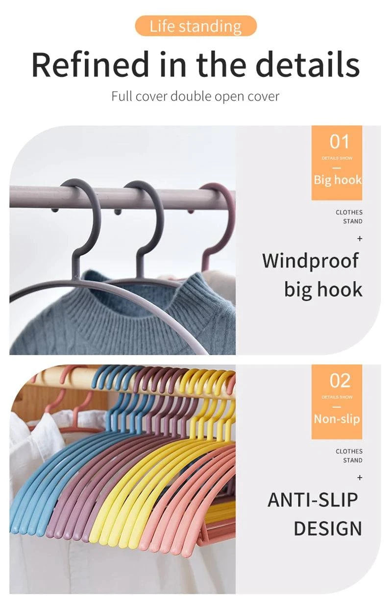 Plastic household clothes hanger with wide shoulders and semi-circular arc design, ideal for organizing garments seamlessly.