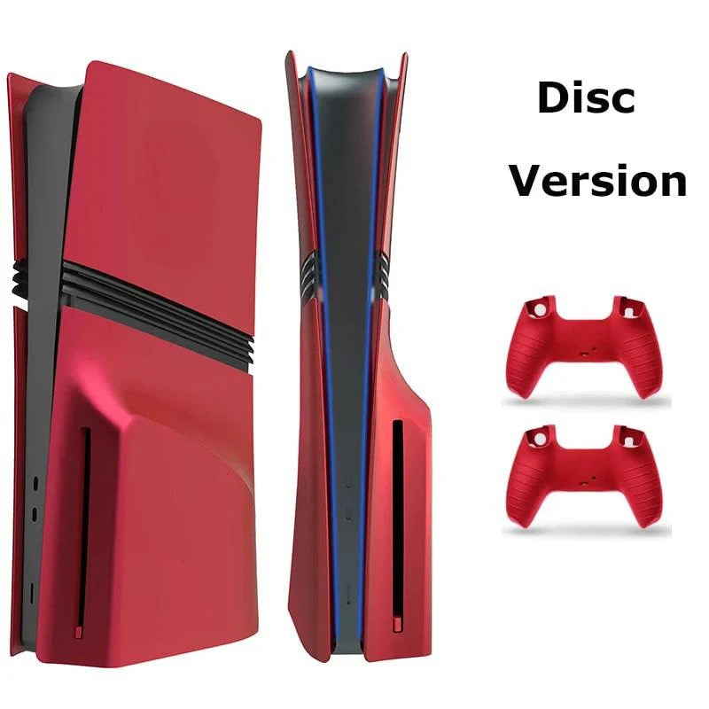 Red ABS faceplate for PS5 Pro Digital and Disc Edition with two silicone controller covers by Nehwei enterprise.
