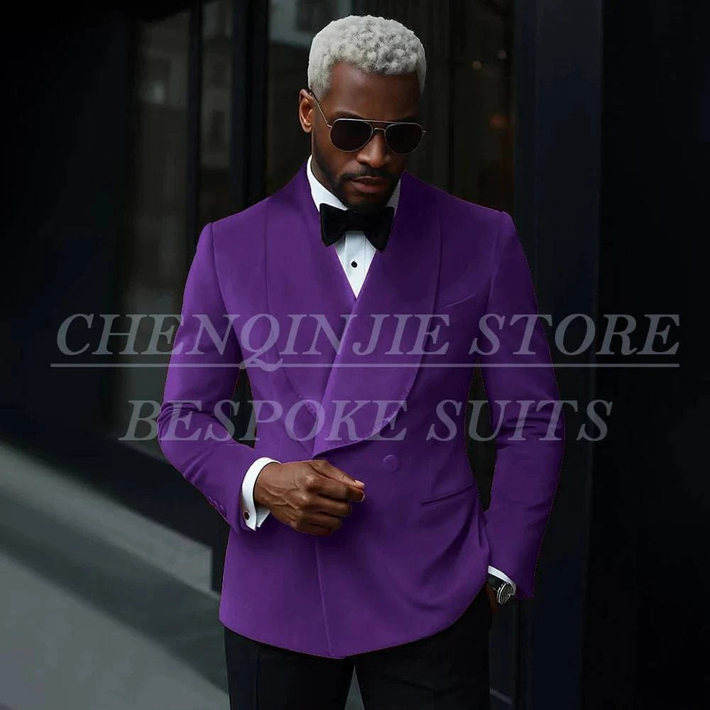 Nehwei men's luxury velvet double-breasted suit with shawl lapel, slim fit jacket and matching pants, ideal for prom and parties.
