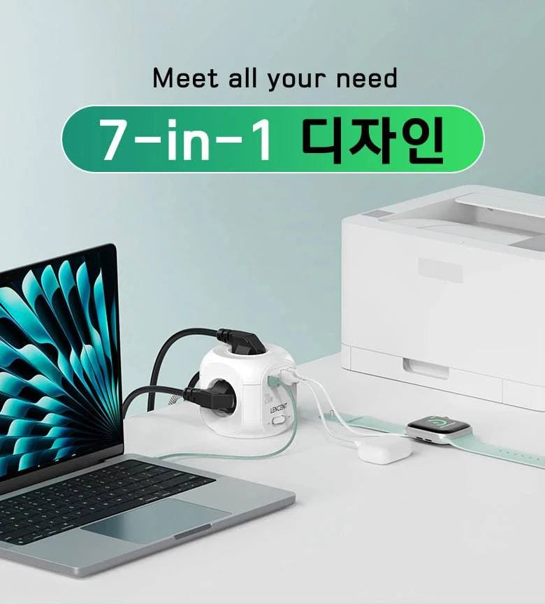 Nehwei enterprise LENCENT flat EU plug power strip cube with 4 AC outlets, 2 QC3.0 USB ports, and Type C PD20W fast charging.