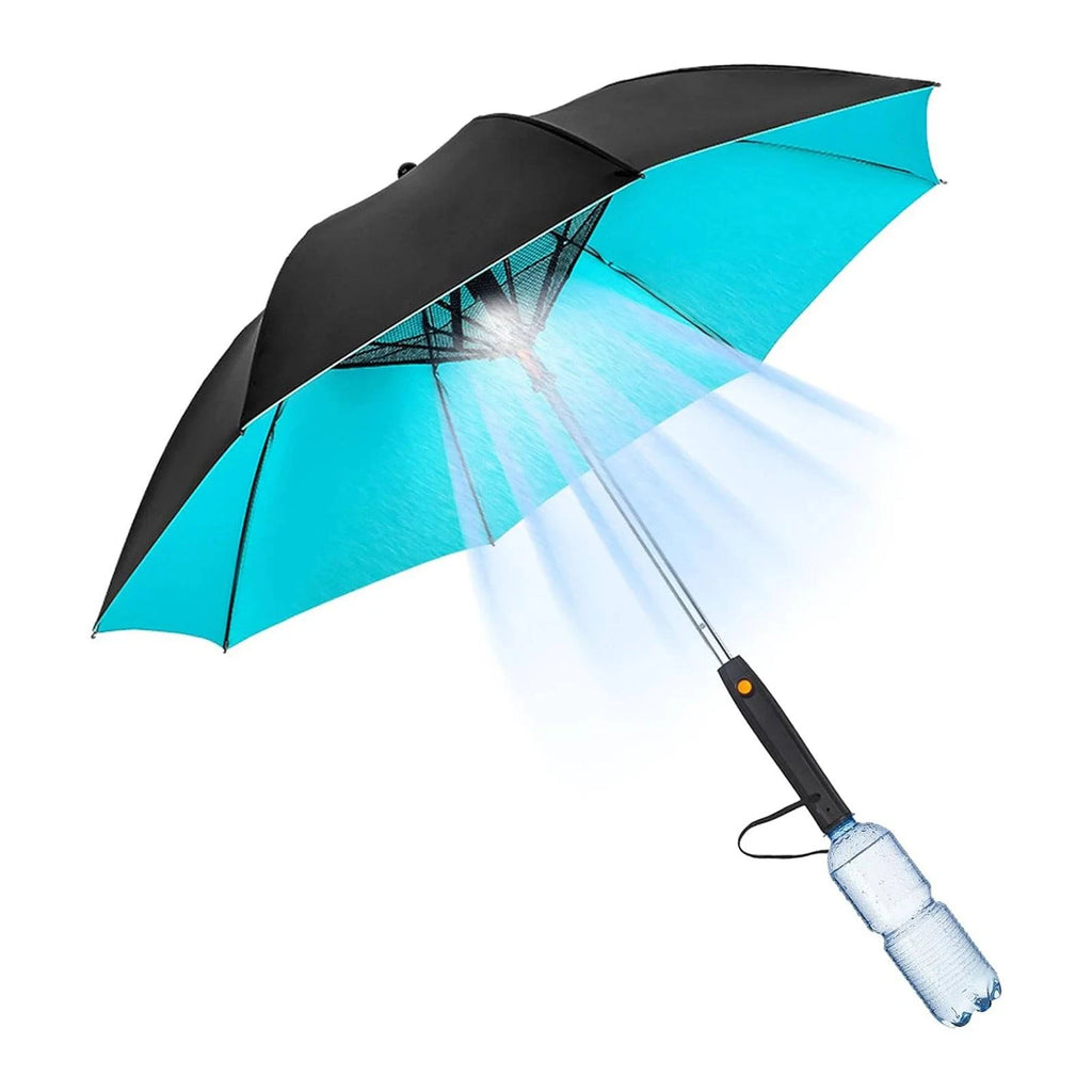 Portable 3-in-1 umbrella with fan, mist spray, and UV protection by Nehwei enterprise, ideal for summer cooling.