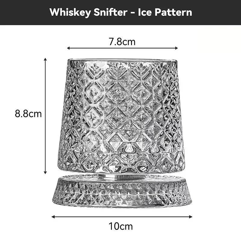 Nehwei enterprise 360-degree rotating crystal whisky glass with thick base, ideal for bourbon and scotch, displayed on a wooden surface.