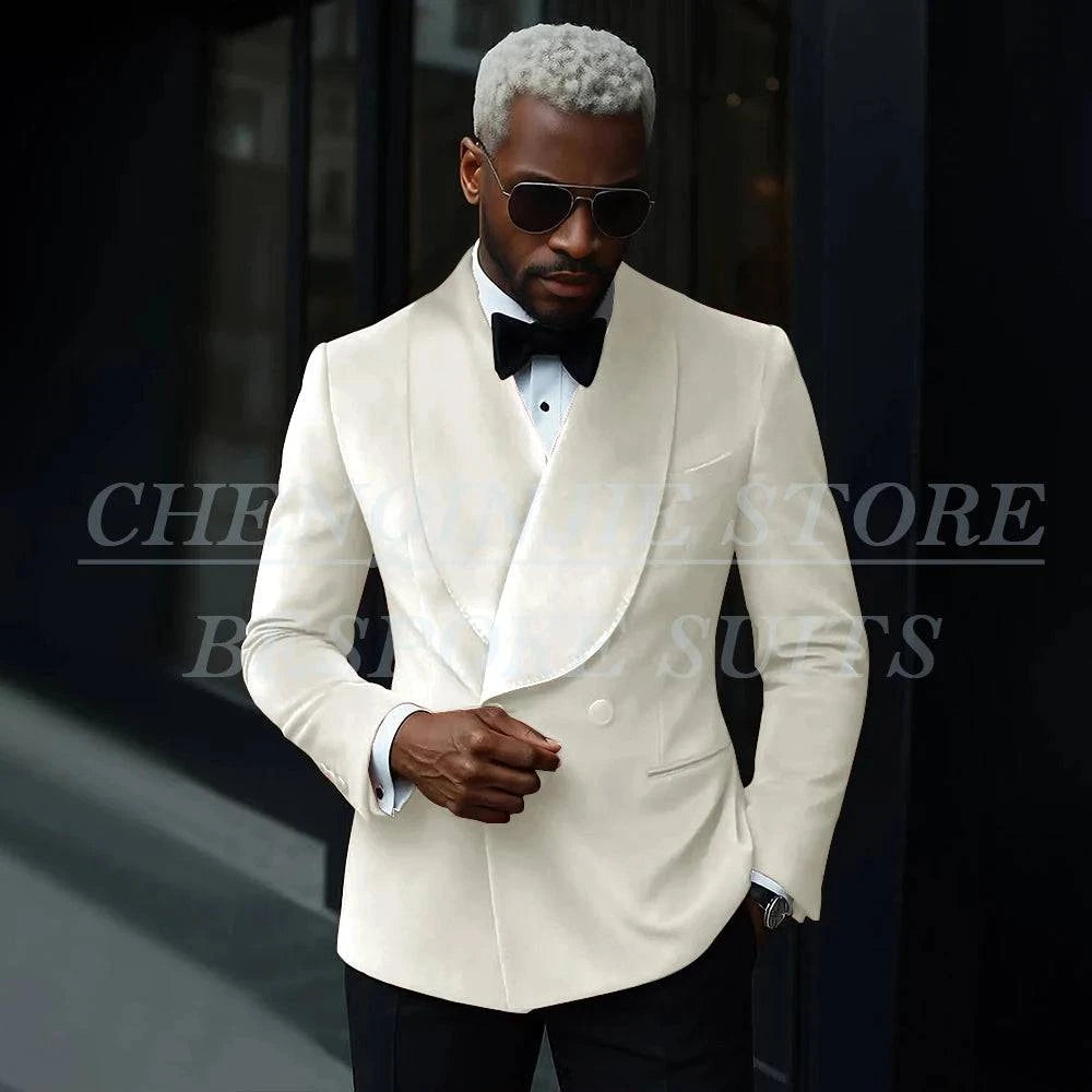 Nehwei men's luxury velvet double-breasted suit with shawl lapel, slim fit jacket and pants, ideal for prom and party outfits.