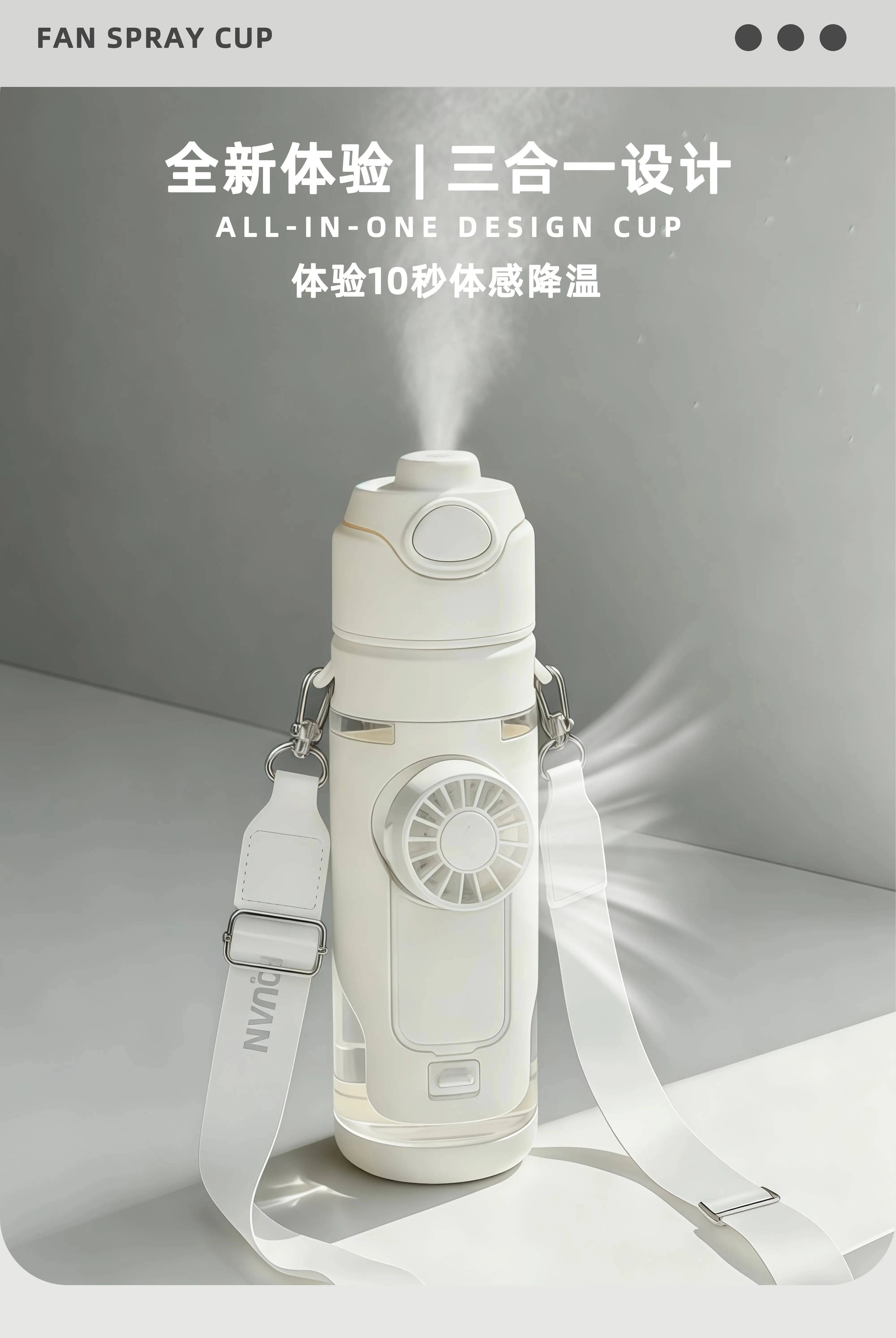 Nehwei 2-in-1 portable water bottle with fan mist spray, leakproof cooling cup for outdoor sports and kids, creative design