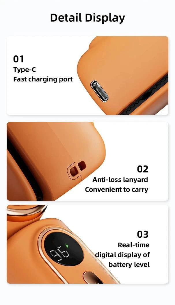 Nehwei handheld mini fan with LED display, 3000mAh battery, 5 speeds, 180° adjustable, clip-on, portable cooling fan.