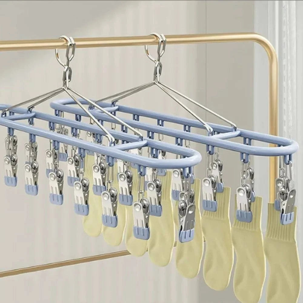 Stainless steel clothes drying rack with 20 clip capacity, Nehwei enterprise, for drying socks, underwear, and clothing items.