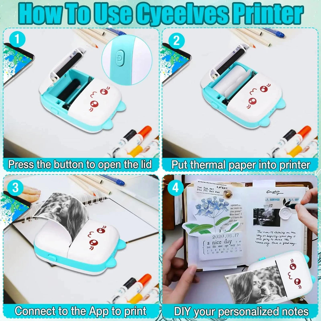 Nehwei portable mini thermal printer with Bluetooth, wireless design, showing compact size, paper rolls, and connection buttons.