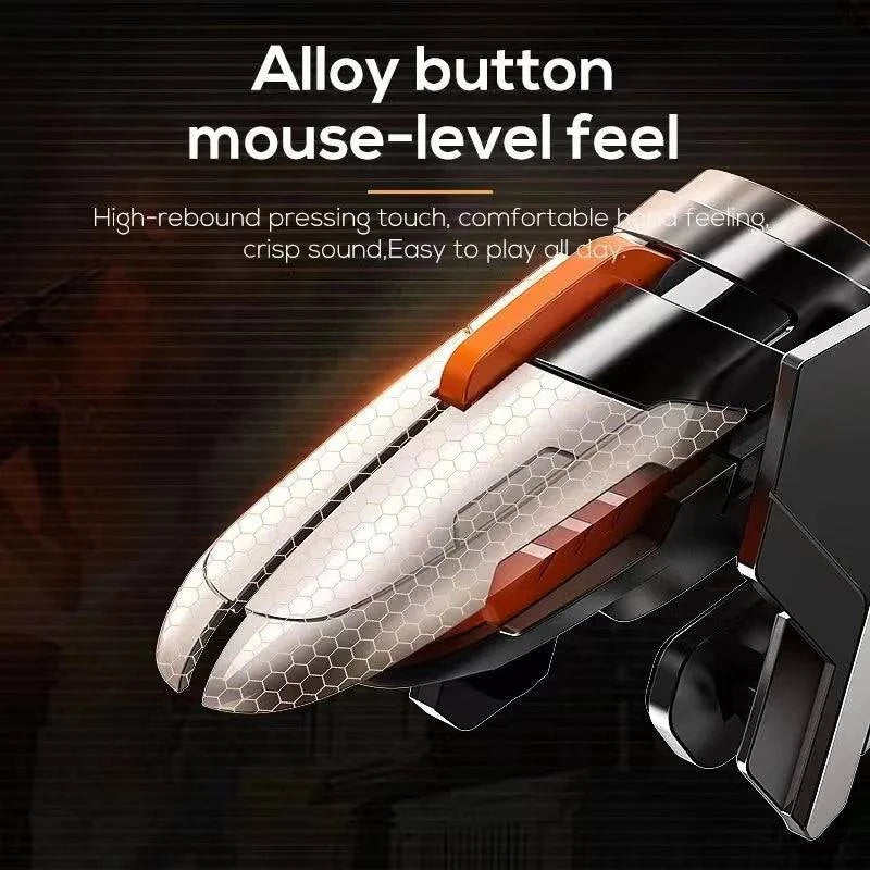 Nehwei MEMO 6 finger mobile game trigger for PUBG with alloy L1 R1 buttons on a smartphone screen, showing gaming action.