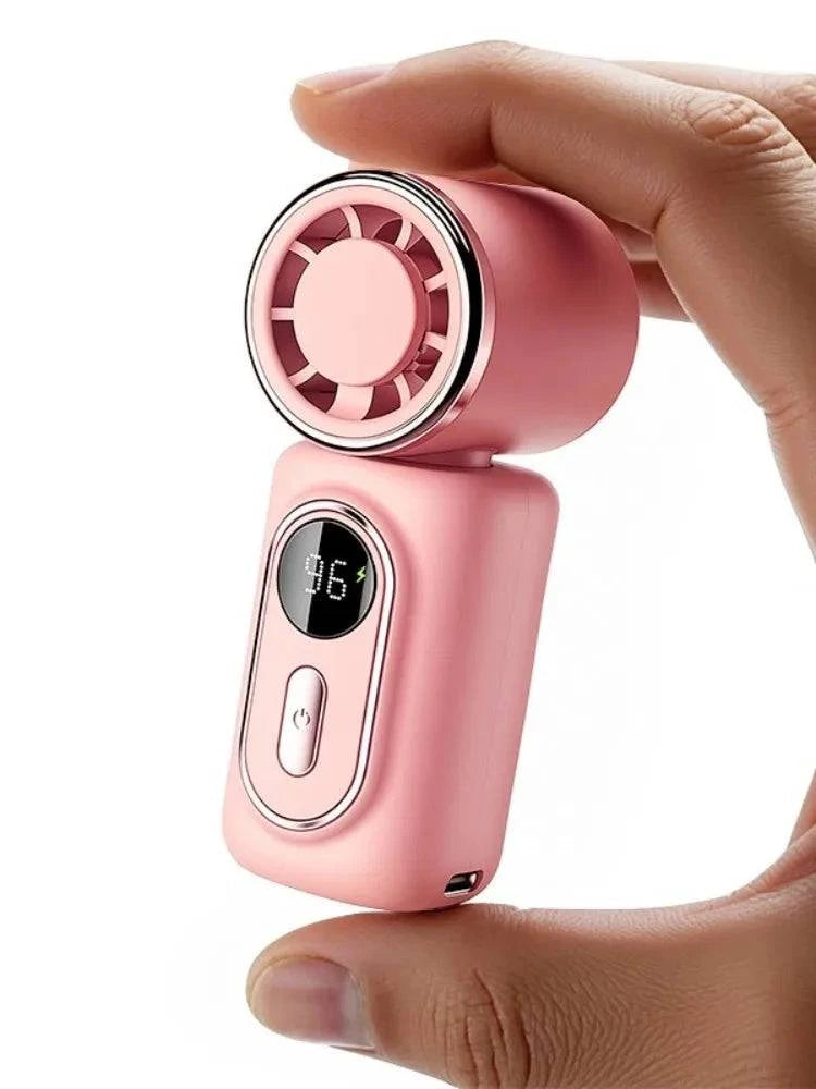 Nehwei handheld mini fan with 3000mAh battery, 5 speeds, LED display, adjustable 180°, clip design, rechargeable portable cooling fan.