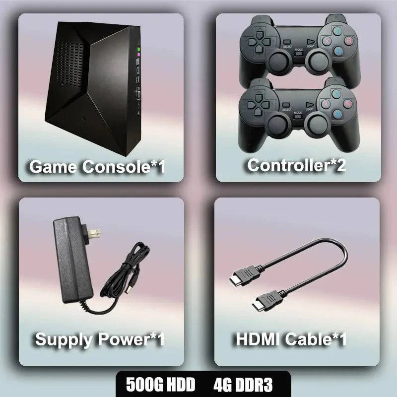 Nehwei G5 Game Retro Console with dual controllers, 4K HD display, showing game selection screen and wireless controllers for kids.