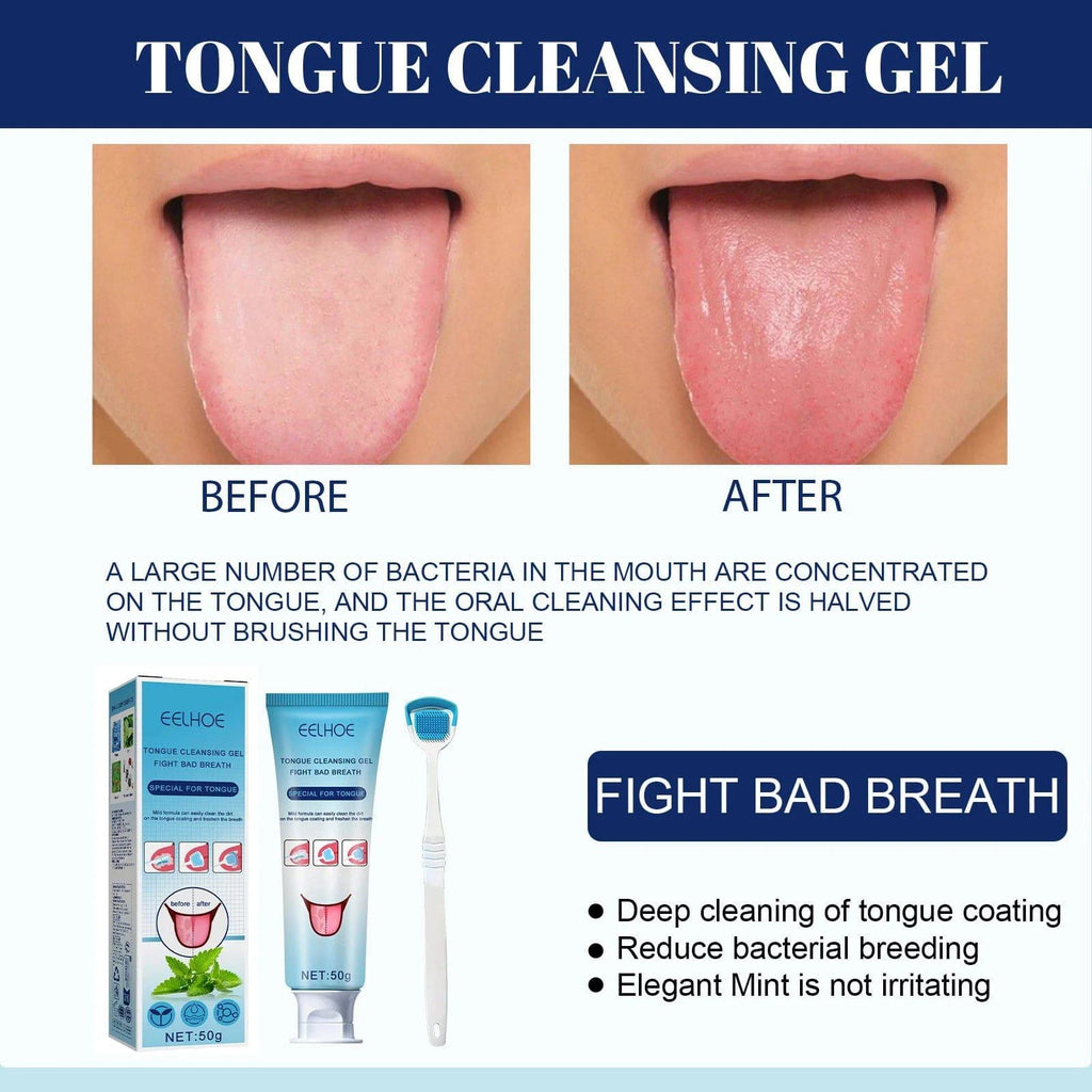EELHOE tongue cleaning gel and brush kit for oral care, fresh breath, and dental hygiene, featuring a cleaning tool and gel tube.