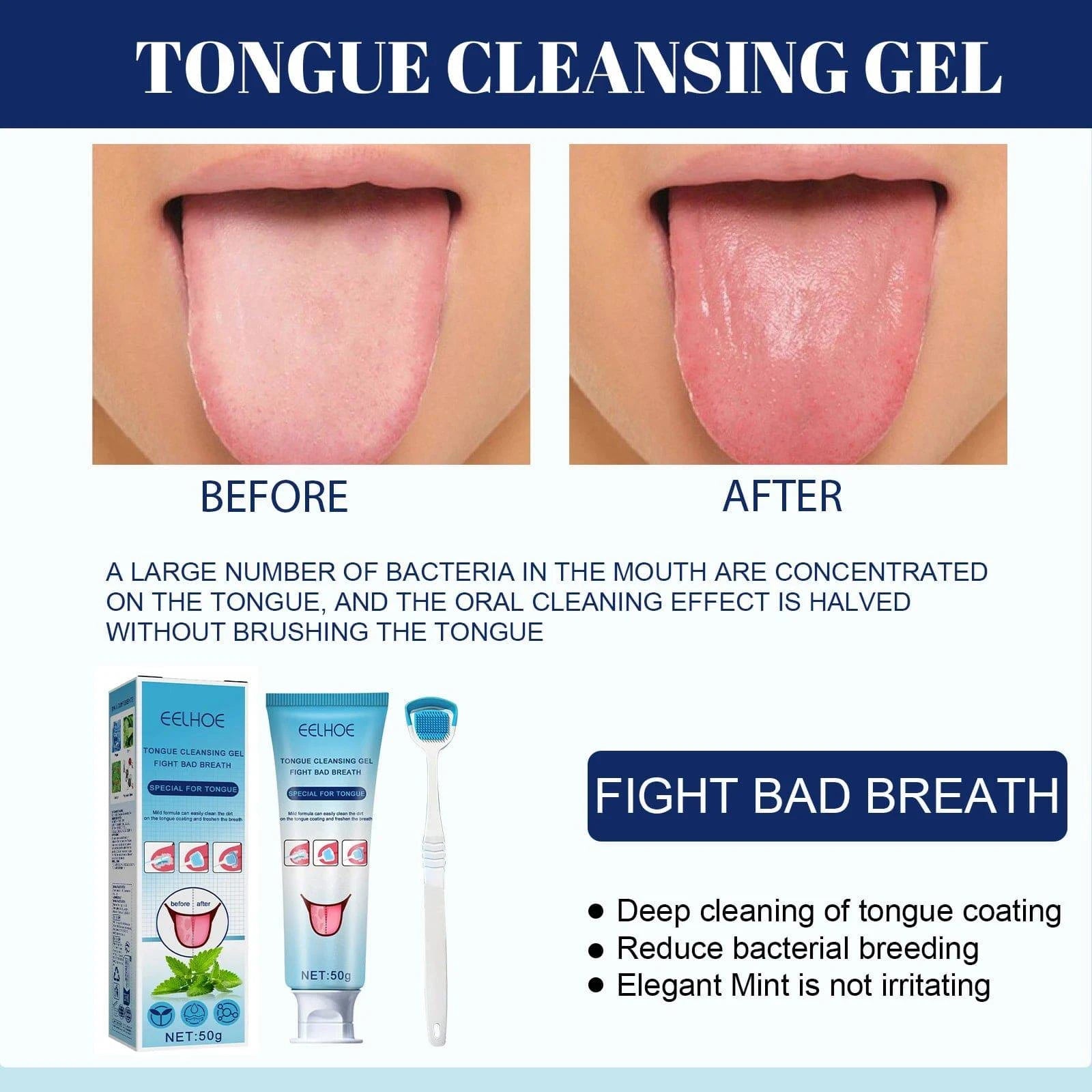 EELHOE tongue cleaning gel and brush kit for oral care, fresh breath, and dental hygiene, featuring a cleaning tool and gel tube.