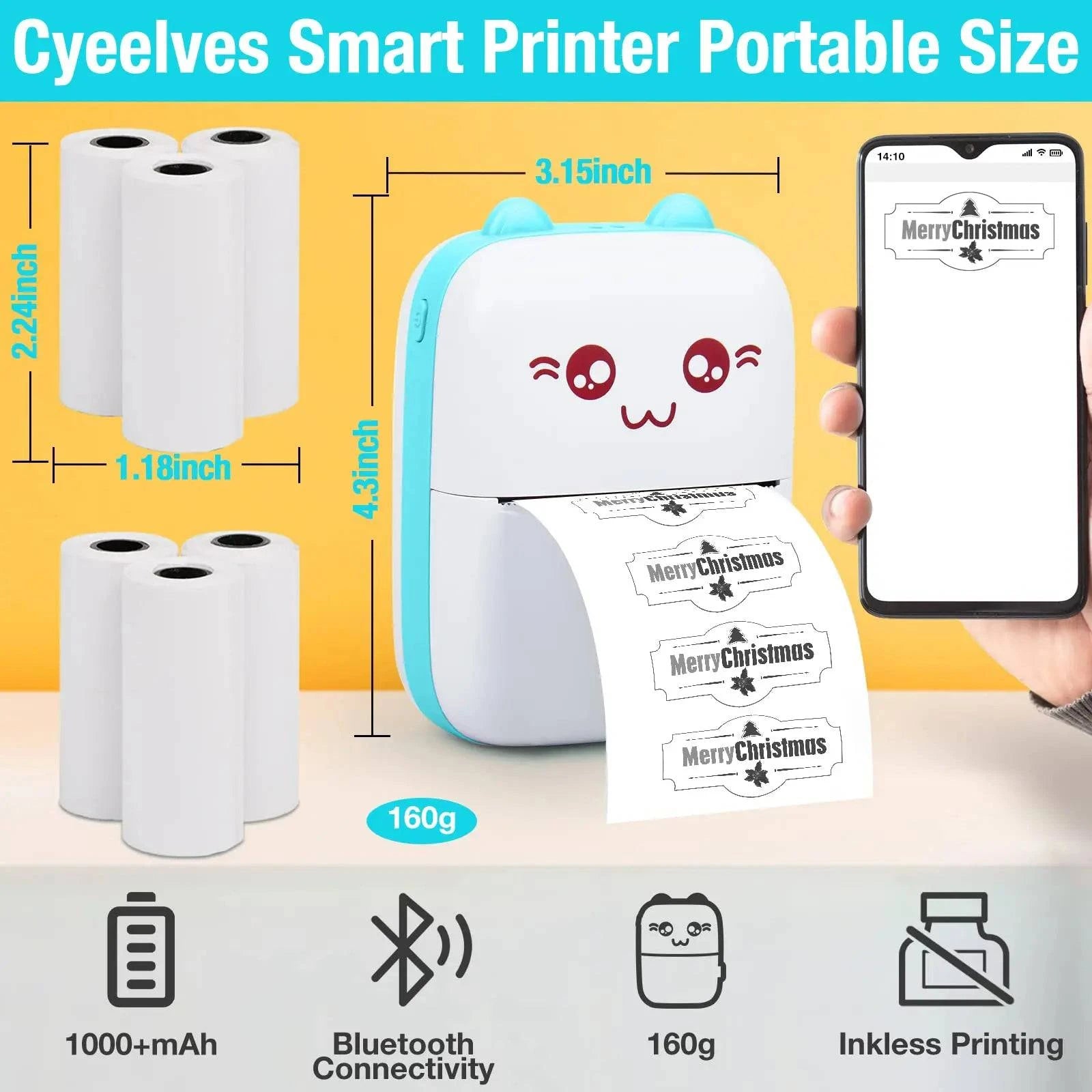 Nehwei portable mini thermal printer with Bluetooth, wireless design, showing paper rolls and compact size for iOS and Android devices.