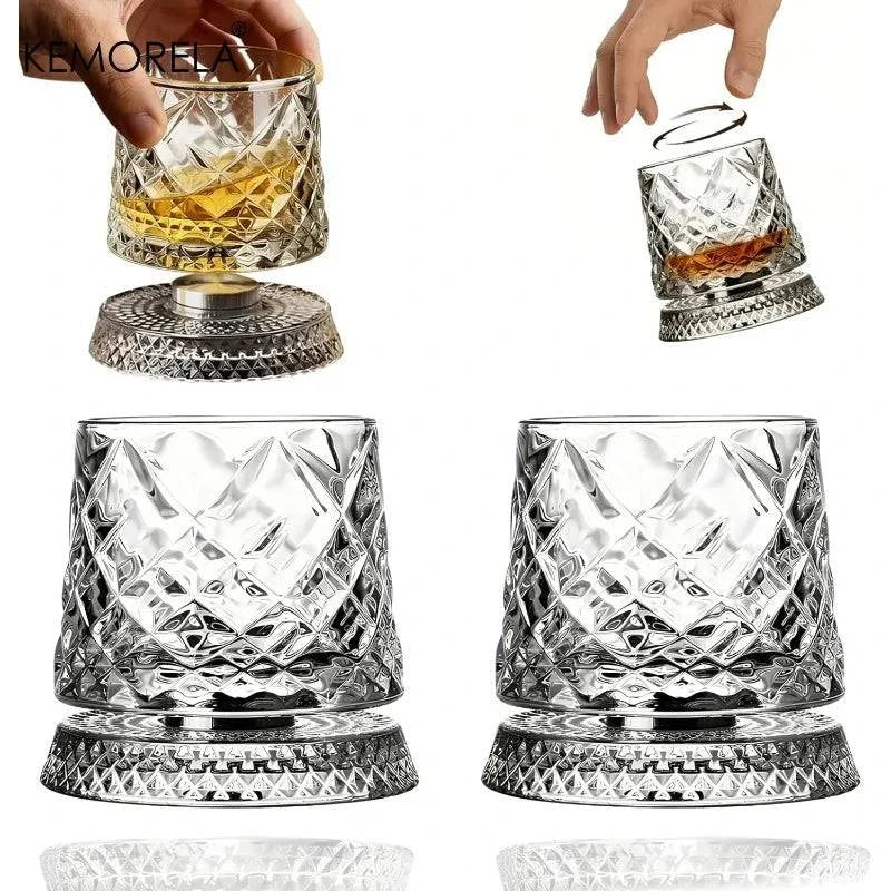 Nehwei enterprise 360-degree rotating whisky glass with thick base, ideal for bourbon and scotch, showcasing crystal clarity and unique design.