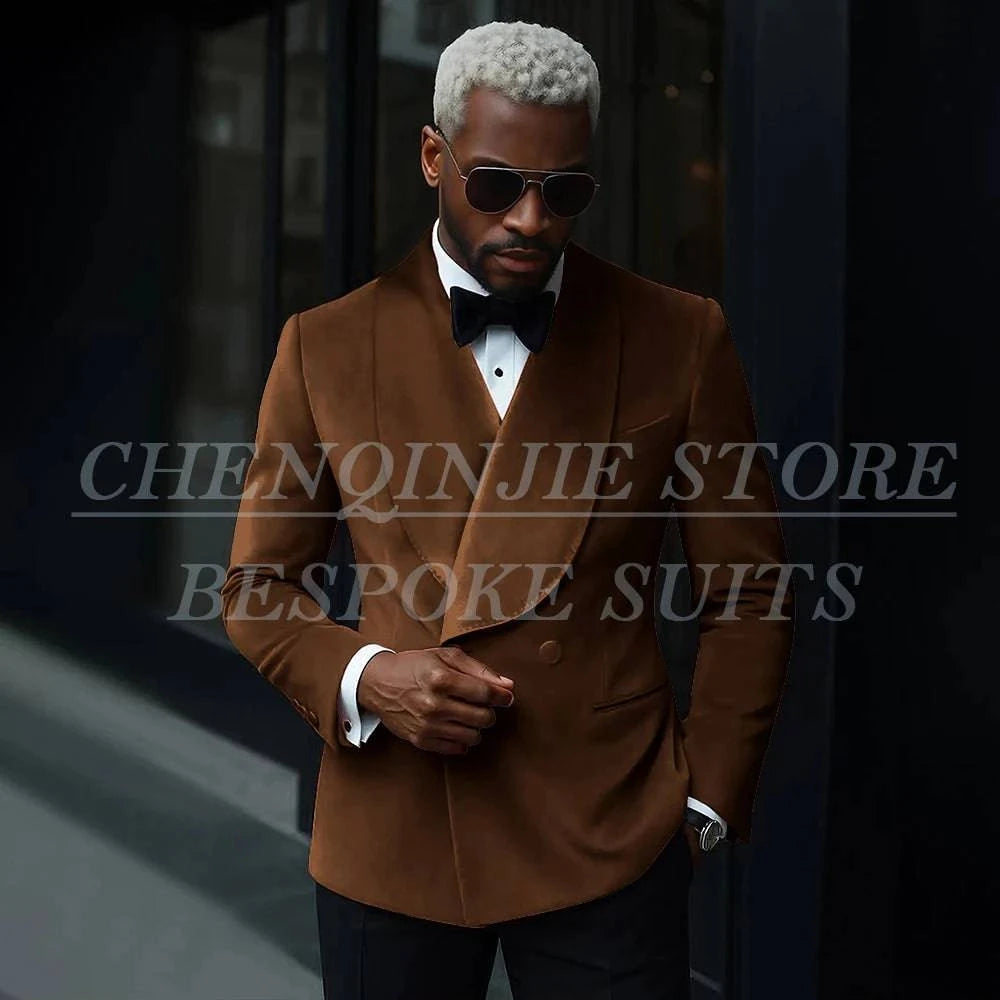 Men's luxury velvet suit by Nehwei enterprise featuring double-breasted jacket with shawl lapel and matching slim-fit pants.