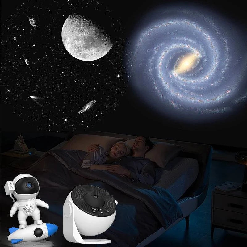 Nehwei enterprise starry sky galaxy night light projector with six-piece set, displaying colorful star and planet images on a wall