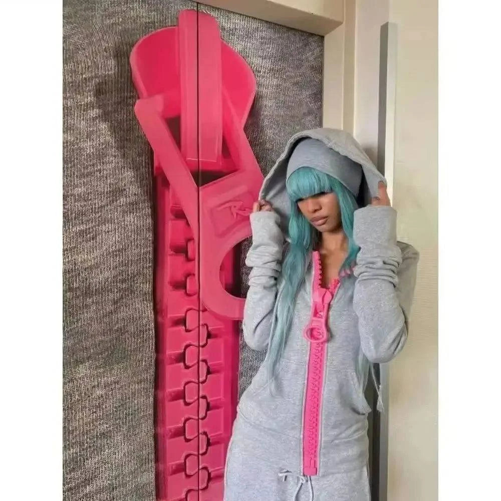 Nehwei enterprise oversized Y2K street Harajuku hoodie with zipper, multi-pocket design, solid color, casual women's fashion.