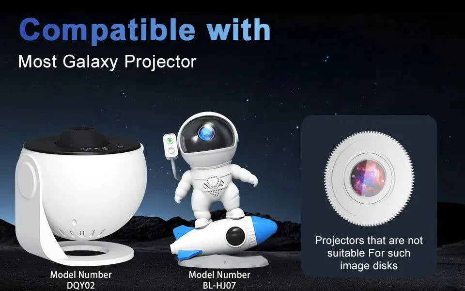 Set of six Nehwei enterprise galaxy night light projectors showing starry sky patterns, planetarium lamp design, projector not included.