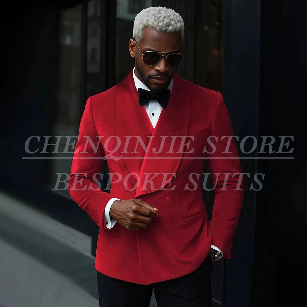 Men's luxury velvet suit by Nehwei enterprise, double-breasted blazer with shawl lapel and slim fit matching pants for formal events