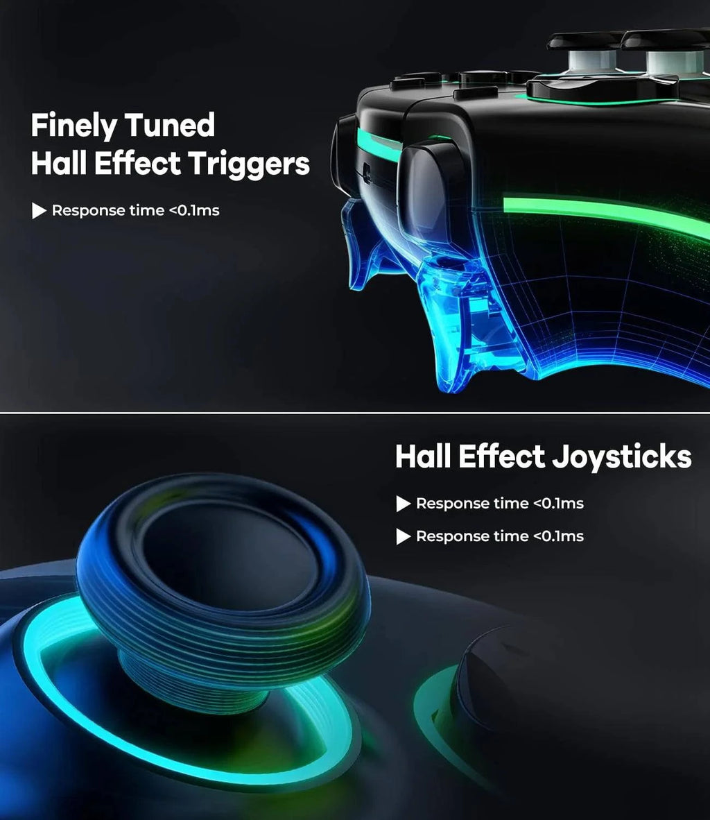 Nehwei wireless PS5 controller with anti-drift design, dual hall joysticks, macro back buttons, RGB lighting, and 1500mAh battery