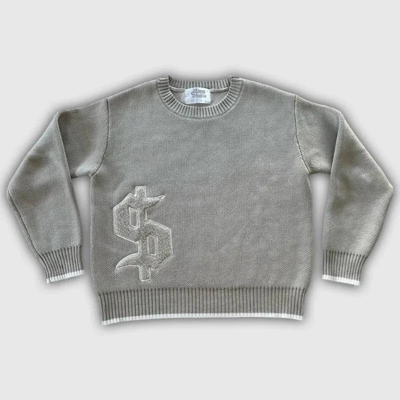 Nehwei enterprise men's oversized round neck knitted sweater with full sleeves, gothic embroidery, suitable for street and daily wear.