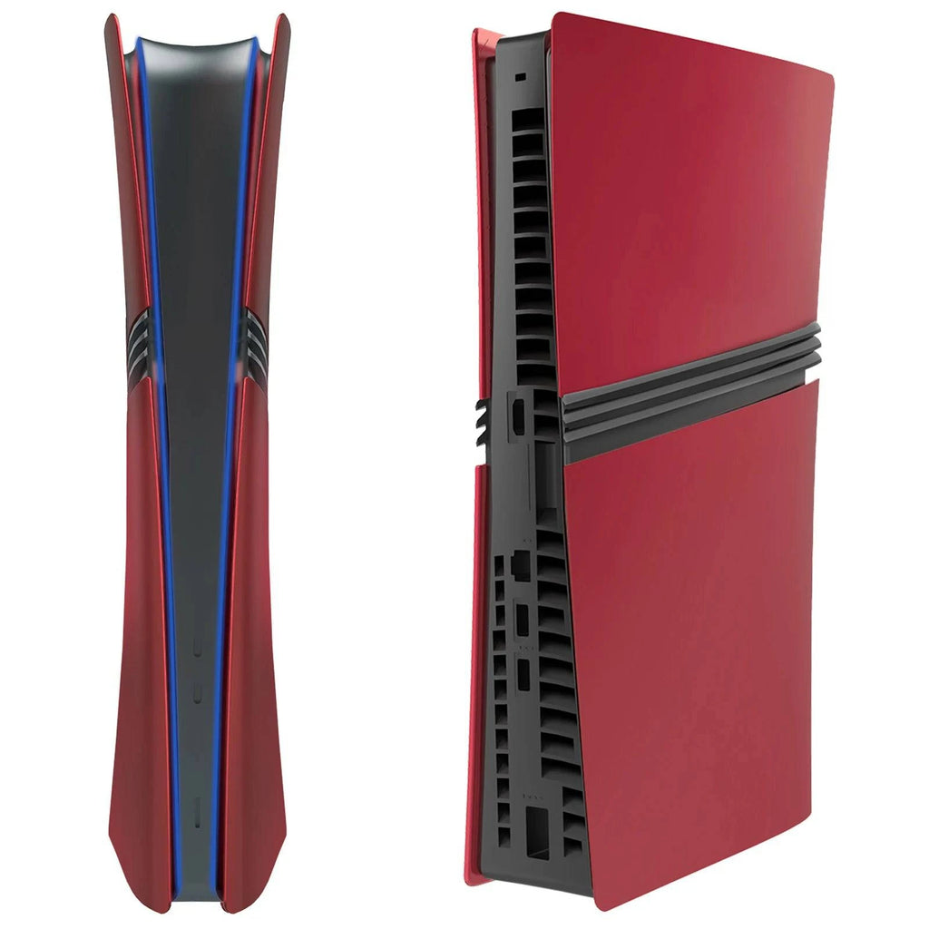Red ABS faceplate for PS5 Pro Digital and Disc Edition with two silicone controller covers, matte skin finish, by Nehwei Enterprise.