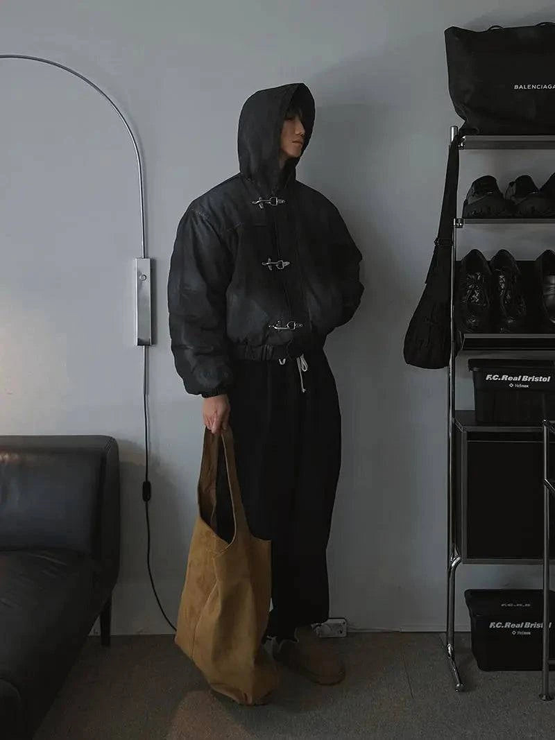 Oversized Y2K retro hoodie coat by Nehwei enterprise with snap fasteners, high street style, punk-inspired button details, men's fashion