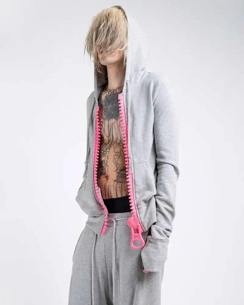 Nehwei enterprise Y2K street Harajuku oversized zipper hoodie with multiple pockets in solid color, casual women's fashion.