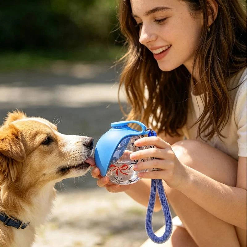 Nehwei enterprise 2-in-1 portable dog water bottle with 285ML capacity, featuring a built-in water dispenser and travel bowl for small dogs.