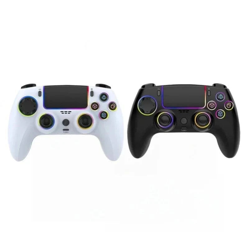 Nehwei wireless PS5 controller with dual hall joysticks, macro back buttons, RGB lighting, and 1500mAh battery for gaming.